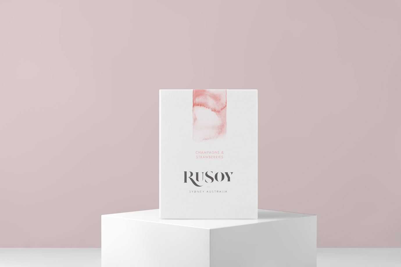 RuSoy Candle packaging - Champagne & strawberry on pink background